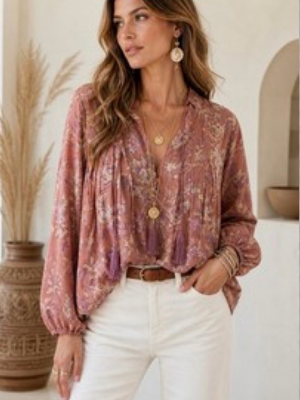 Pleated Floral V-Neck Blouse in Dusty Rose - Picture 3 of 5